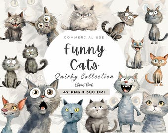 Eigenzinnige kat clipart, grillige katten illustraties, kawaii kat, eigenzinnige kat digitaal, schattige katten portretten, commercieel gebruik, planner clipart, grappige katten
