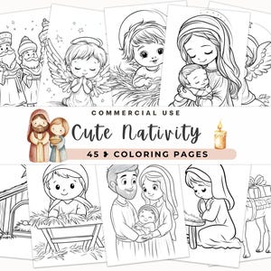 Pagina da colorare della scena della Natività, pagina da colorare di Natale, opera d'arte stampabile, Re Magi, Maria Vergine, colori per bambini, Bibbia carina, nascita di Gesù
