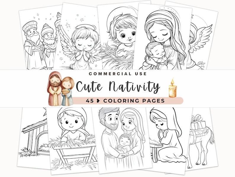 May include: A set of 45 black and white coloring pages featuring a cute nativity scene with characters like Mary, Joseph, baby Jesus, angels, and wise men. The pages are perfect for kids to color and celebrate the Christmas season.