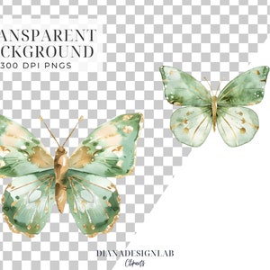 May include: Two green and gold watercolor butterflies with transparent backgrounds.  The butterflies have a delicate, vintage aesthetic.