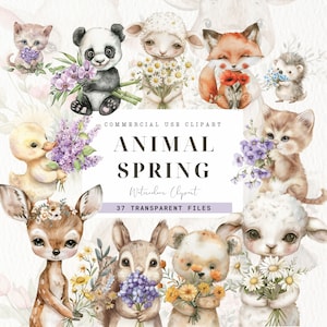 Watercolor Spring Baby Animals Clipart, Animals with Floral Bouquet, Transparent Png, Digital Download, Nursery Decor, Spring Floral Bouquet