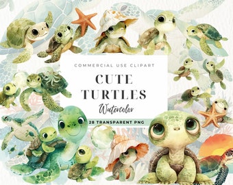 Watercolor Turtle Clipart, Sea Turtle Sublimation, Cute Baby Turtle Clip art, Ocean Animals, Transparent Pngs, Printable, Beach, Fish