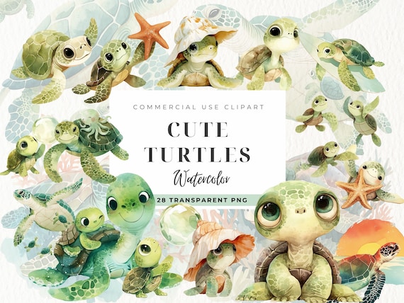 Watercolor Turtle Clipart, Sea Turtle Sublimation, Cute Baby Turtle Clip art, Ocean Animals, Transparent Pngs, Printable, Beach, Fish