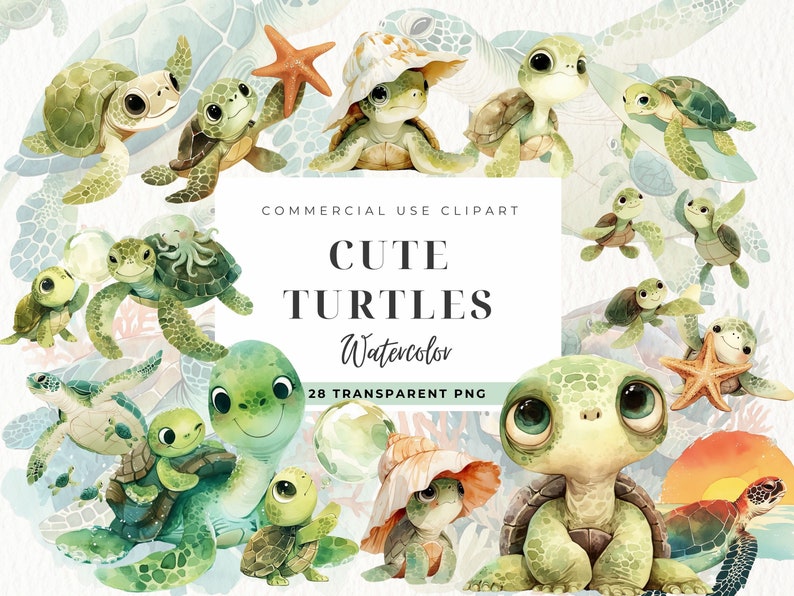 Pu&ograve; includere: Un set di 28 illustrazioni ad acquerello di tartarughe carine in varie pose. Le tartarughe sono verdi con gusci marroni e hanno occhi grandi. Alcune tartarughe indossano cappelli o tengono stelle marine. Le illustrazioni sono perfette per aggiungere un tocco di fantasia ai tuoi progetti.