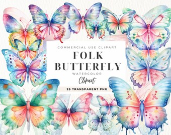 Folk Butterfly Clipart, Diario basura, Descarga digital, Acuarela Boho, Acuarela Clip Art, Descarga instantánea, Arte popular, Uso comercial