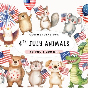 4 juillet Clipart animaux mignons, aquarelle jour de l'indépendance, téléchargement numérique pour travaux manuels et scrapbooking, ours, renard, forêt, Safari, enfant