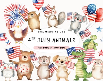 4. Juli niedlichen Tiere Clipart, Aquarell Invintage Ingebrochenheit Tag Kunst, digitaler Download für Kunsthandwerk & Scrapbooking, Bär, Fuchs, Waldland, Safari, Kind