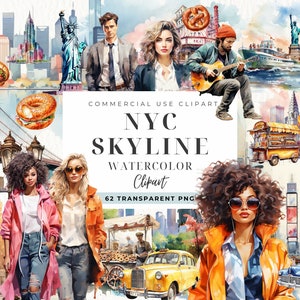Clipart de aquarela do horizonte de Nova York, Estados Unidos NYC Tourism Marcos Viagem, Estátua da Liberdade, Álbum de recortes, Convites, Uso comercial