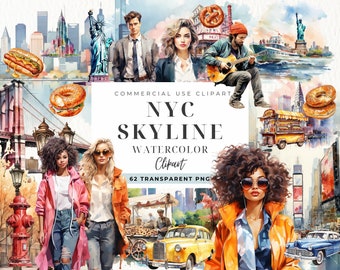New York Skyline Watercolor Clipart,  United States NYC Tourism Landmarks Travel, Statue Of Liberty, Scrapbook, Invitations, Commercial Use