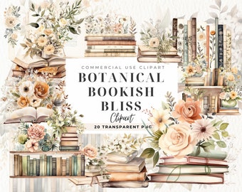 May include: A set of 20 watercolour clipart images featuring stacks of books, bookshelves, and floral arrangements in shades of beige, brown, and white. The text "Botanical Bookish Bliss Clipart" is included in the image.