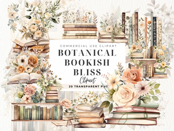 Watercolor Floral Book Clipart, Reading Clip Art, Books Floral, Card Making, Rose Book Png Bundle, Bookish, Books Lover, Commercial Use
