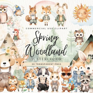 Paquete de imágenes prediseñadas del país de las maravillas de primavera, invitación de baby shower del bosque floral de acuarela, SVG de cumpleaños, imágenes prediseñadas de vacaciones, uso comercial