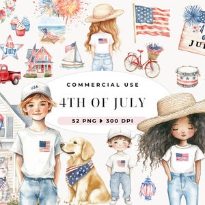Clipart 4 juillet, graphiques aquarelle de la fête de l'indépendance, PNG patriotique, enfants célébrant la fête, chien mignon, clipart USA, usage Commercial