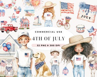 4th of July Clipart, Watercolor Independence Day Graphics, Patriotic PNG, Kids Celebrating, Cute Dog, USA Clip Art, Commercial Use