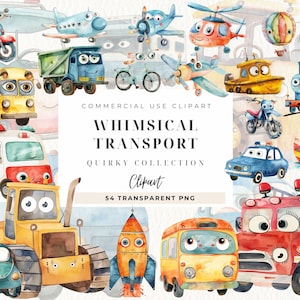 Clipart de berçário de carro, caprichoso, olhos, carro de veículo, clipart de meninos, transporte PNG, avião em aquarela, arte de parede de berçário, uso comercial