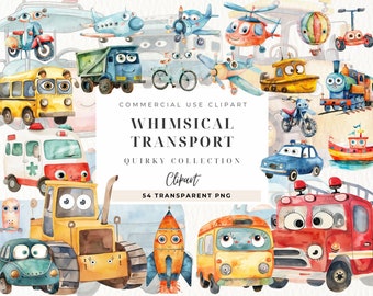 Car Nursery Clipart, Whimsical, Eyes, Vehicle Car, Boys Clip Art, Transportation PNG, Watercolor Aeroplane, Nursery Wall Art, Commercial Use