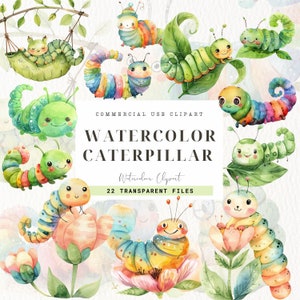 Acuarela Caterpillar Clipart, Descarga instantánea, Decoración de vivero, Arte de dibujos animados, Insecto Oruga linda, Gusano lindo, Insecto de primavera, Ratón de biblioteca