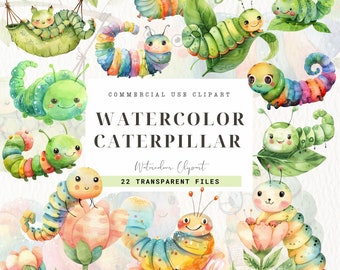 Watercolor Caterpillar Clipart, Instant Download,Nursery Decor, Cartoon Art, Insect Cute Caterpillar, Cute Worm, Spring insect, Bookworm