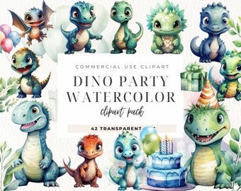 Watercolor Dinosaur Birthday Clipart, Nursery Decor, Kids Wall Art, Dino Clip Art, Dinosaur Decor, Baby Shower, Nursery PNG, Commercial Use