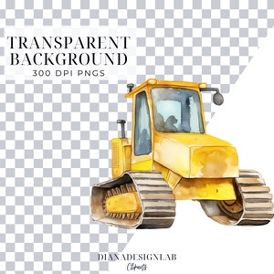 May include: Watercolor illustration of a yellow bulldozer with black tracks and a transparent background. The image includes the text "TRANSPARENT BACKGROUND 300 DPI PNGS". The bulldozer is a construction vehicle.