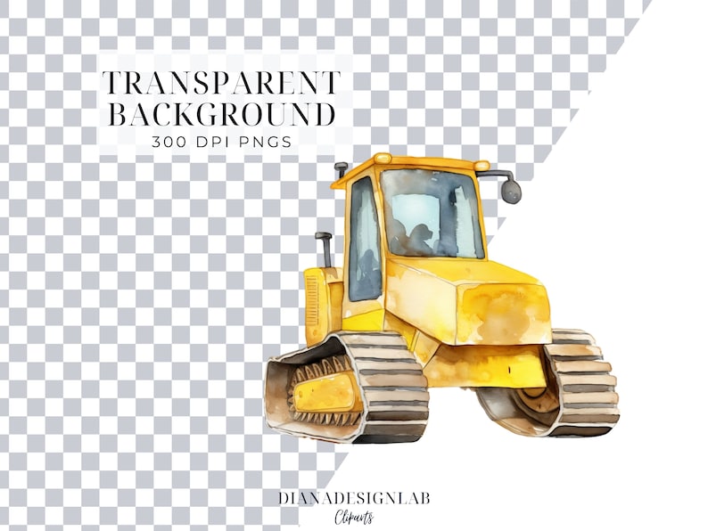 May include: Watercolor illustration of a yellow bulldozer with black tracks and a transparent background. The image includes the text "TRANSPARENT BACKGROUND 300 DPI PNGS". The bulldozer is a construction vehicle.