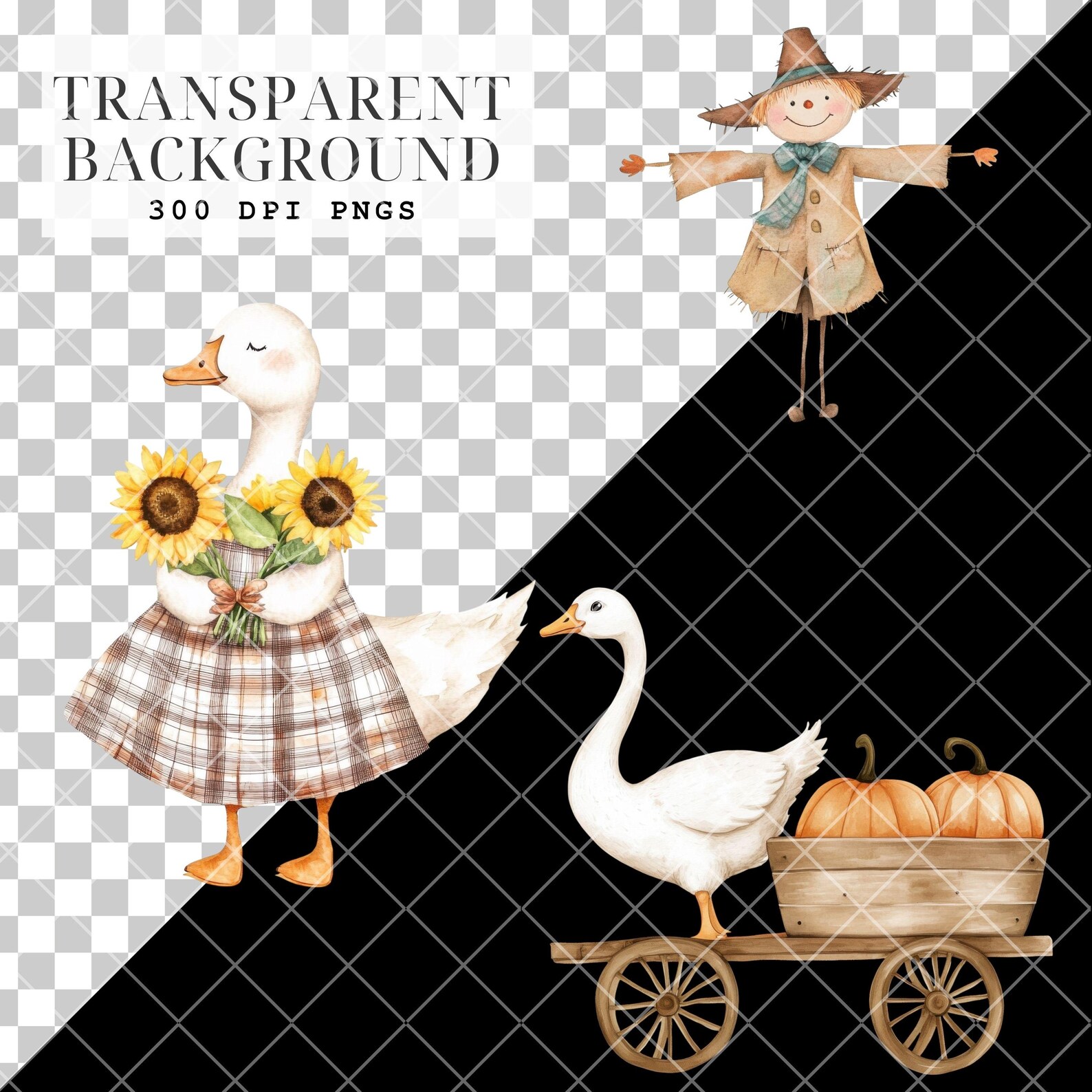 Watercolor Autumn Goose Clipart – Cozy Watercolor Fall PNG Set for ...