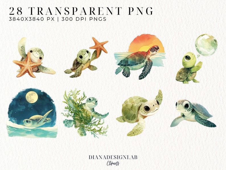 Pu&ograve; includere: Un set di otto illustrazioni ad acquerello di tartarughe marine carine in varie pose. Le tartarughe sono verdi e marroni con occhi grandi. Alcune tartarughe tengono stelle marine, soffiano bolle o nuotano nell'oceano. Le illustrazioni sono perfette per aggiungere un tocco di fantasia a qualsiasi progetto.