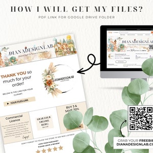 May include: A digital download product listing for a commercial license clipart. The image shows a computer screen with a website, a QR code, and a text box with the words "Thank you so much for your order!" and "Your files link."