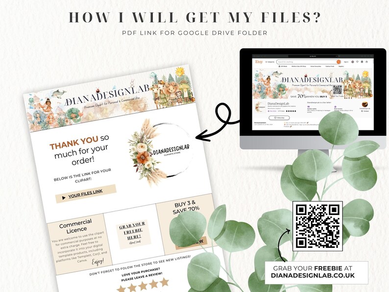 May include: A digital download product listing for a commercial license clipart. The image shows a computer screen with a website, a QR code, and a text box with the words "Thank you so much for your order!" and "Your files link."