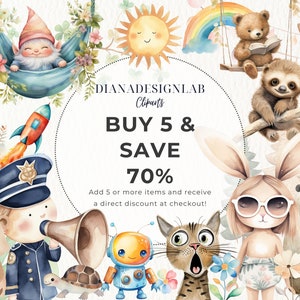 May include: A colorful illustration featuring various cartoon animals, including a bear, a cat, a rabbit, a sloth, a gnome, a bird, a robot, and a turtle. The illustration also includes a sun, a rainbow, and a rocket. The text "BUY 5 & SAVE 70%" is displayed in a circle.