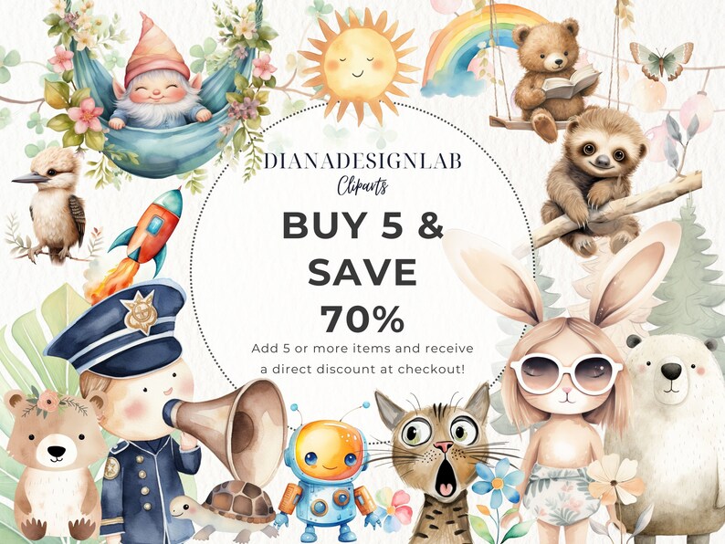 May include: A colorful illustration featuring various cartoon animals, including a bear, a cat, a rabbit, a sloth, a gnome, a bird, a robot, and a turtle. The illustration also includes a sun, a rainbow, and a rocket. The text "BUY 5 & SAVE 70%" is displayed in a circle.