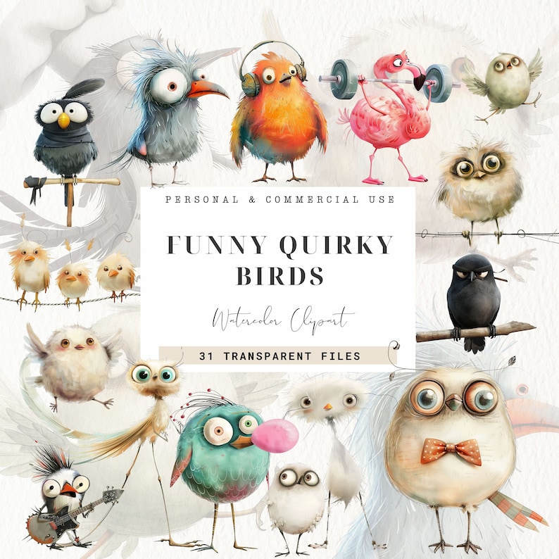 May include: A set of 31 watercolor clipart images of funny, quirky birds. The birds are depicted in various poses and expressions, including a bird wearing headphones, a bird lifting weights, and a bird playing a guitar. The images are perfect for adding a touch of whimsy to your digital or printed projects.