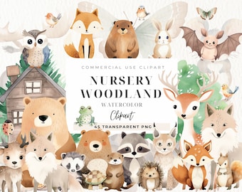 Woodland Animals Baby Shower Clipart, Bunny Rabbit Watercolor Clip Art, Forest Animals, Nursery Decor Wall Art, Children, Commercial Use