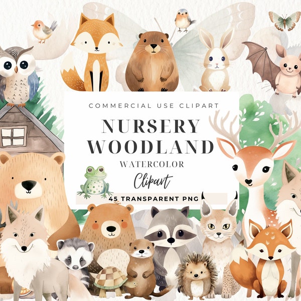 Woodland Animals Baby Shower Clipart, Bunny Rabbit Watercolor Clip Art, Forest Animals, Nursery Decor Wall Art, Children, Commercial Use