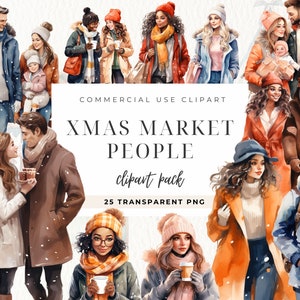 Weihnachtsmarkt Clipart, gemütliches Paar, Mädchen, Familie, Urlaub Markt Einladung, Sofort Download, Winterszene, für kommerzielle Nutzung