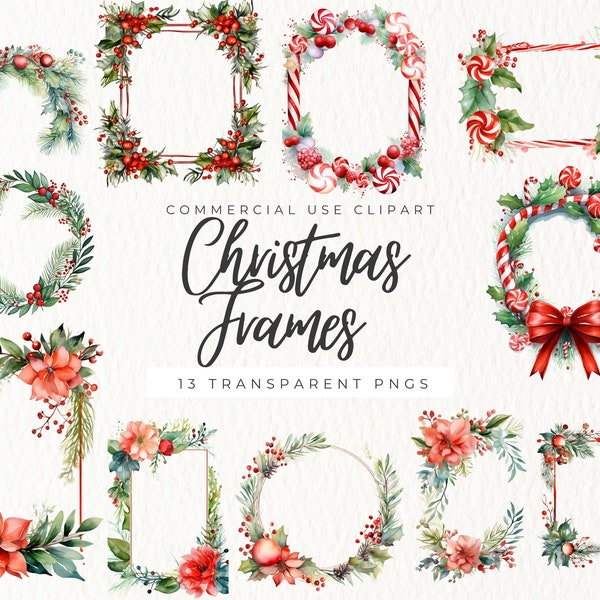 Watercolor Christmas Border Clipart, Doodle Border Clipart Png, Christmas Decoration, Digital Download, Commercial Use, Christmas Decoration
