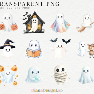 May include: A set of 36 digital illustrations of cute ghosts in various poses, including holding pumpkins, reading books, and flying with bats. The ghosts are white with black eyes and mouths, and some have additional details like hats, scarves, or wings. The illustrations are ideal for Halloween crafts, scrapbooking, and digital design projects.