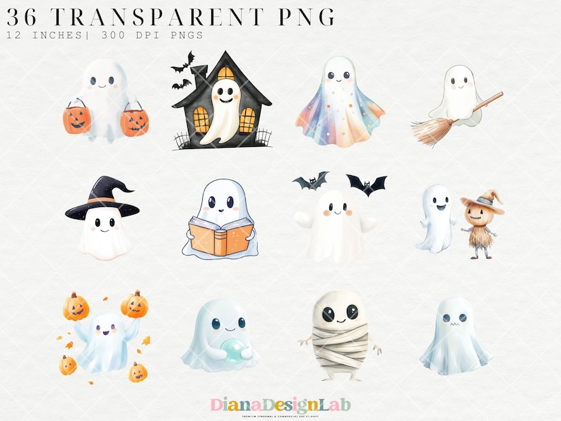 May include: A set of 36 digital illustrations of cute ghosts in various poses, including holding pumpkins, reading books, and flying with bats. The ghosts are white with black eyes and mouths, and some have additional details like hats, scarves, or wings. The illustrations are ideal for Halloween crafts, scrapbooking, and digital design projects.