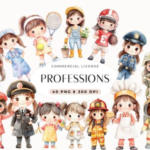 Clipart commerciali di professioni, grafica per bambine, clipart di professioni ad acquerello, aula educativa, download digitale, insegnamento, carriere