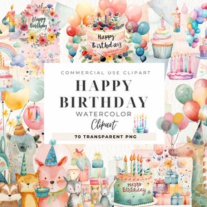 水彩画の誕生日パーティーケーキプレゼント風船クリップアートバンドル、ハッピーバースデーコレクション、誕生日カード招待状、商用利用
