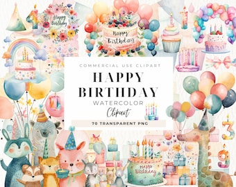 Watercolor Birthday Party Cake Present Balloons Clipart Bundle, Happy Birthday Collection, Birthday Cards Invitations, Commercial Use