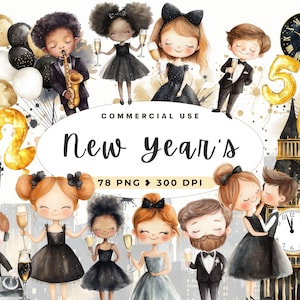 Clipart nouvel an 2025, personnages mignons, Saint-Sylvestre, au revoir PNG 2024, fabrication de cartes, bonjour 2025, images de célébration, noir et or