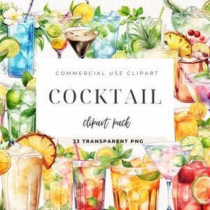 Clip art di cocktail ad acquerello, grafica per feste, bevande alla frutta estive, cocktail tropicali, clipart di bevande, cocktail nuziali, uso commerciale