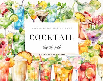 Watercolor Cocktail Clip Art, Party Graphics, Summer Fruit Drinks, Tropical Cocktail, Beverage Clipart, Wedding Cocktails, Commercial Use