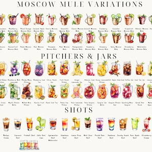 May include: A watercolor illustration of Moscow Mule variations, including pitchers, jars, and shots. The illustration features a variety of fruits and ingredients, such as cucumber, lime, ginger, and berries. The text "Moscow Mule Variations", "Pitchers & Jars", and "Shots" is included in the image.