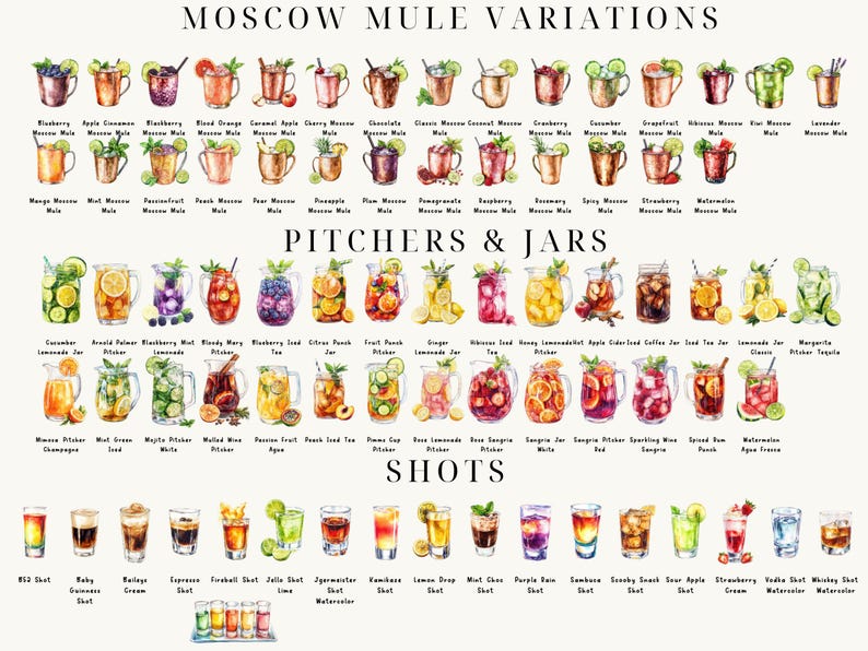 May include: A watercolor illustration of Moscow Mule variations, including pitchers, jars, and shots. The illustration features a variety of fruits and ingredients, such as cucumber, lime, ginger, and berries. The text "Moscow Mule Variations", "Pitchers & Jars", and "Shots" is included in the image.