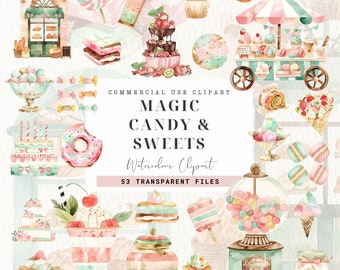 Watercolor Clipart Candy, Digital Download, Ice Cream, Treats Macarons Cupcakes Gummy Bears, Cakes Cotton Candy Floss, Commercial Use