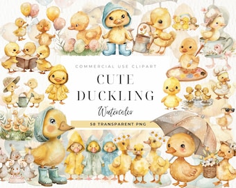 Watercolor Duckling Clipart, Digital Downloads, High Quality PNG, CUte Ducks, Nursery Clip art, Printable Clipart, Spring, Commercial Use