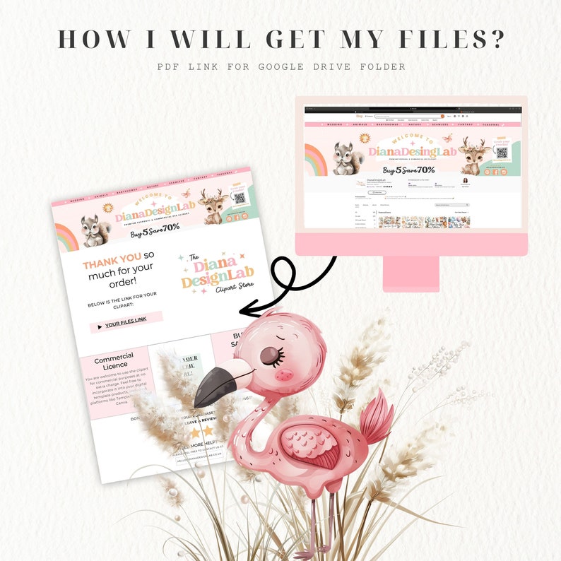 May include: A pink flamingo illustration with a white background. The flamingo is holding a computer screen with a website for Diana Design Lab, a clipart store. The website has a pink and white color scheme with a squirrel and deer illustration. The text on the website says "Buy 5 Save 70%".