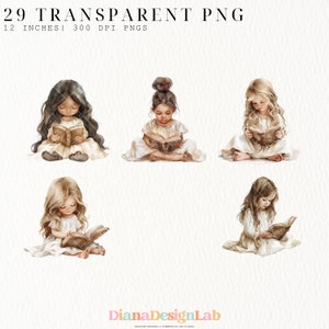 May include: Five watercolor illustrations of girls sitting and reading books. The girls are wearing white dresses and have long hair. The books are open and the pages are visible. The illustrations are on a white background.